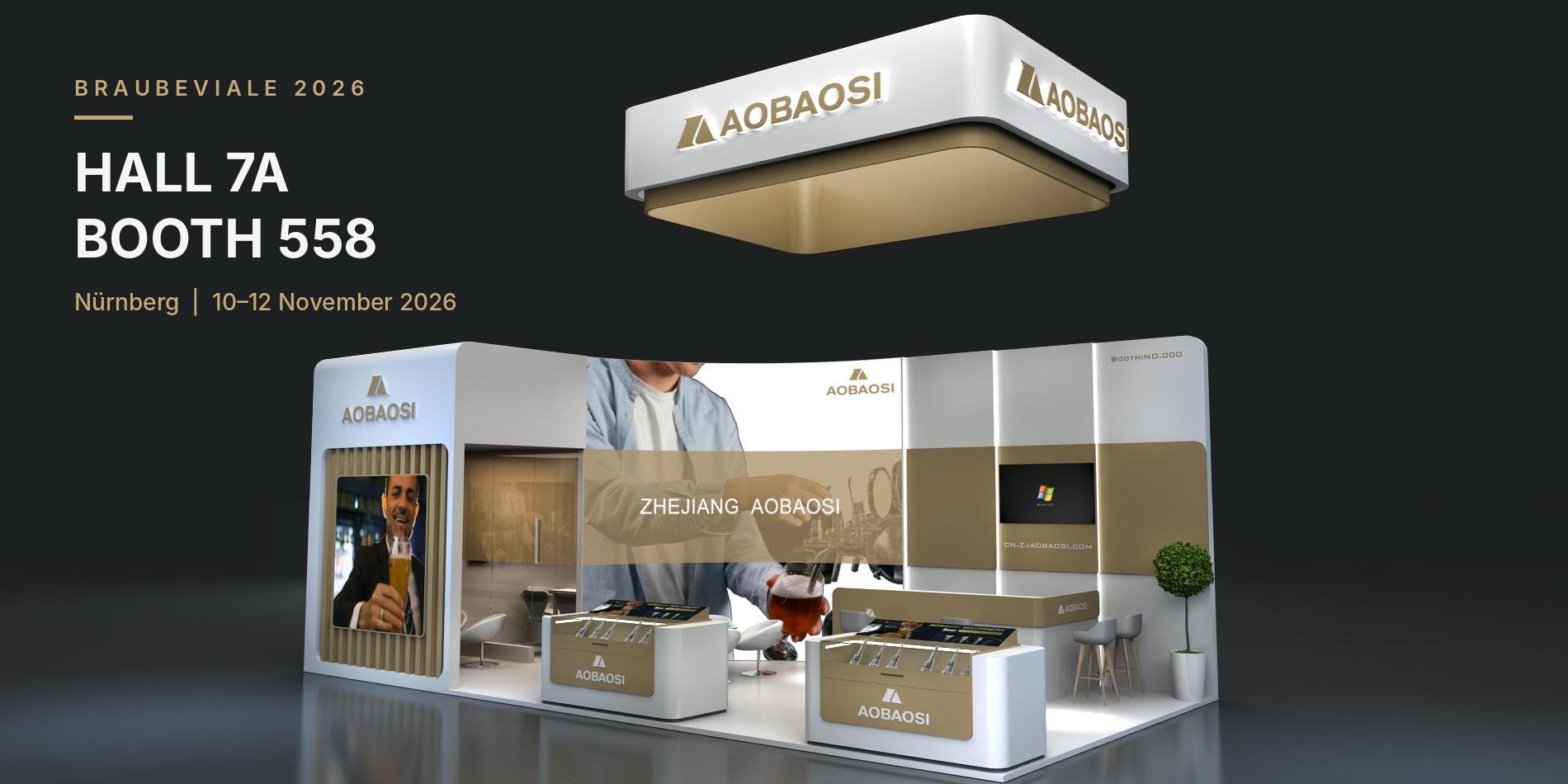 Visualisierung des AOBAOSI-Messestands auf der BrauBeviale 2026, Halle 7A, Stand 558