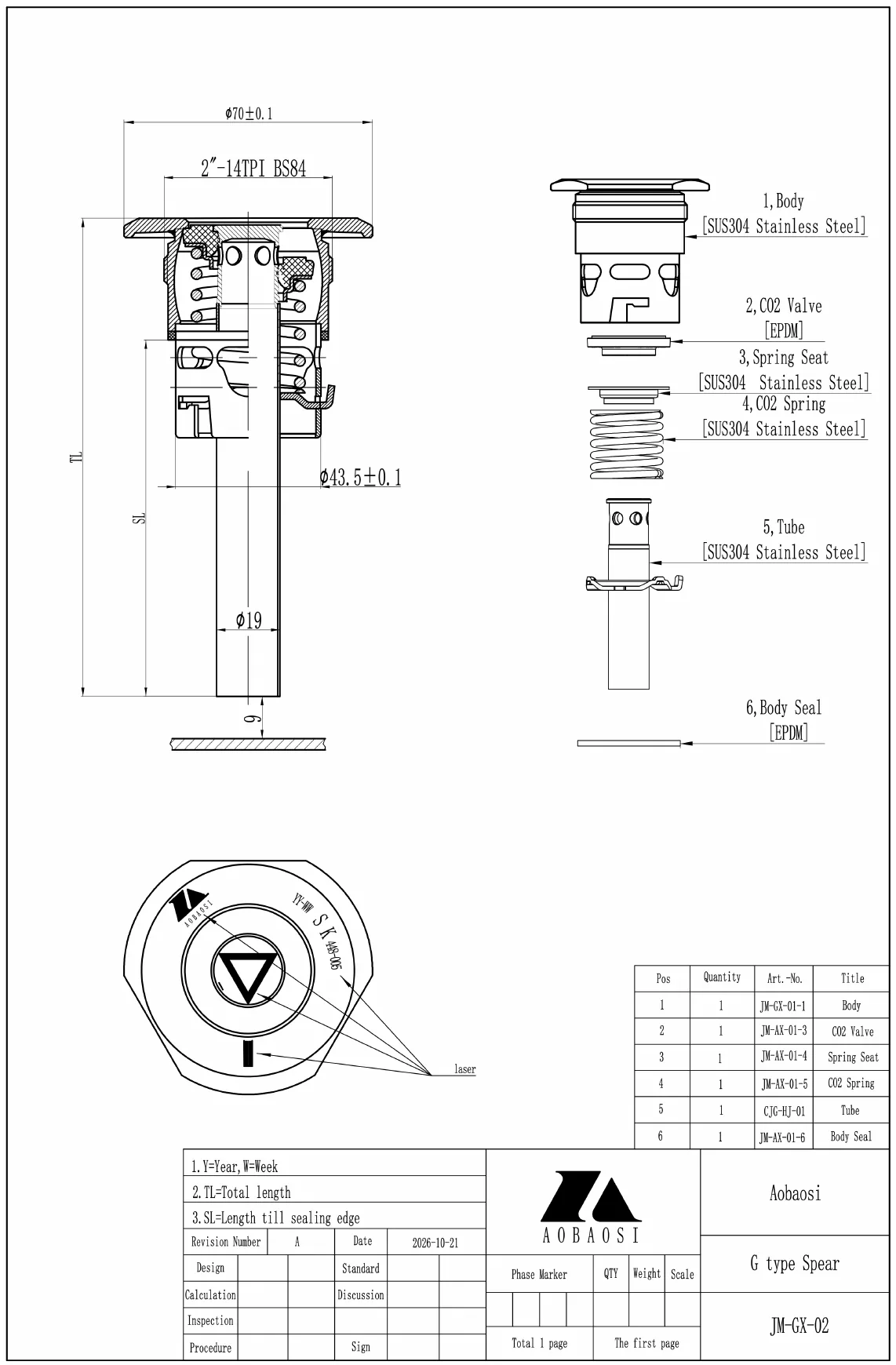 Zusammenbauzeichnung JM-GX-02, Fitting Typ G, mit Schnitt, Draufsicht und Stückliste