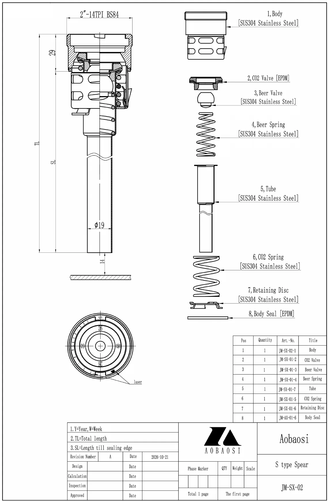 Zusammenbauzeichnung JM-SX-02, Fitting Typ S, mit Schnitt, Draufsicht und Stückliste