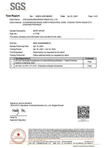 SGS-Prüfbericht Fitting A, erste Seite