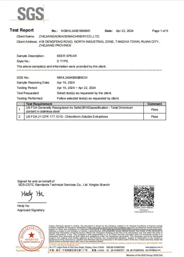 SGS-Prüfbericht Fitting D, erste Seite