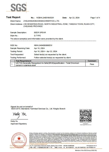 SGS-Prüfbericht Fitting G, erste Seite