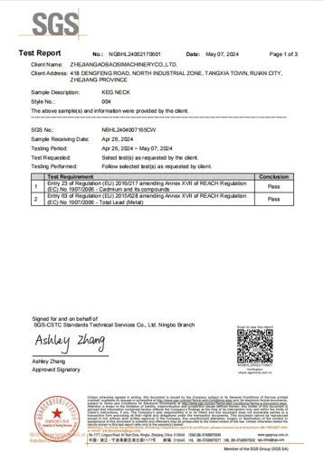 SGS-Prüfbericht Fassmuffe 004, erste Seite