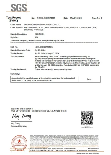 SGS-Prüfbericht Fassmuffe 004 (SVHC), erste Seite