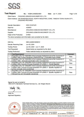 SGS-Prüfbericht Zapfköpfe A, G, M, S, D, erste Seite